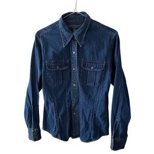 VTG Club Monaco Women’s Dark Indigo Blue Denim Button Up Shirt 90s Size Medium